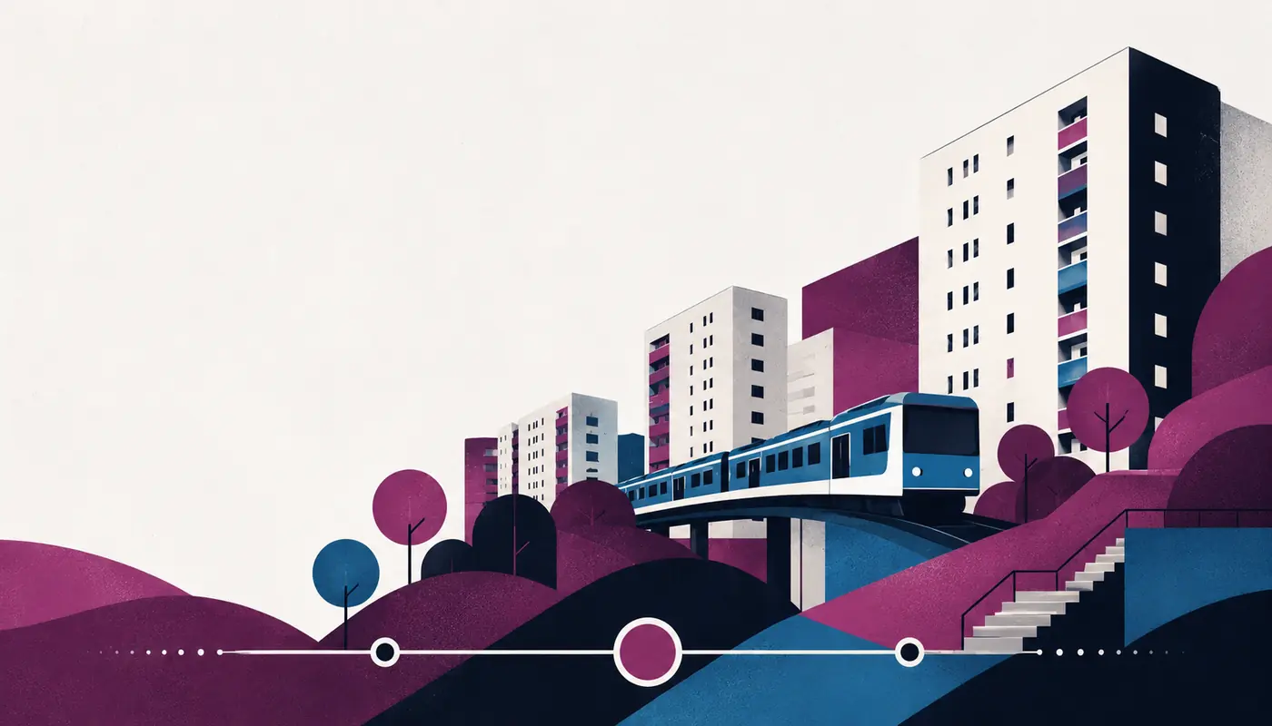 Illustrerad vy över Hallunda med tunnelbanelinje och bostadskvarter